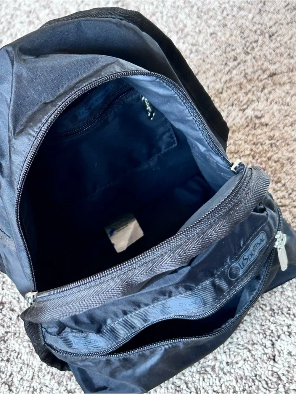Lesportsac Route Black Nylon Mini Backpack with Front Zip Pocket 9” x 6” 10”